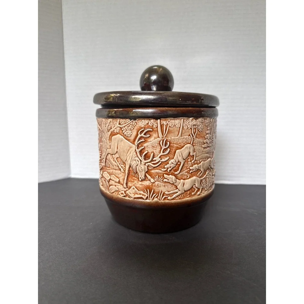 Vintage Ceramic Fox Hunt Scene Canister Lidded Jar Equestrian Relief Brown